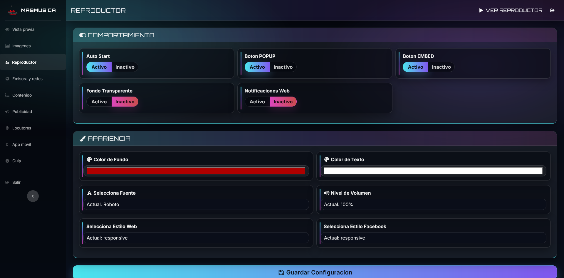 Reproductor Configuracion del reproductor